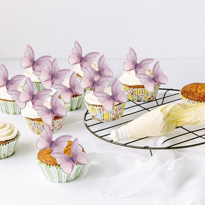 48PCS Edible Cupcake Toppers - Butterflies Cake Decoration - Edible Butterfly Cupcake Picks for Wedding, Bridal Shower, Baby Shower, Birthday Party - Purple