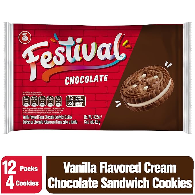 FESTIVAL Chocolate Cookies, Cream Chocolate Sandwich Cookies, Natural Dyes & Low Sodium, High Cream Content, 14.6 Oz (Pack of 3)
