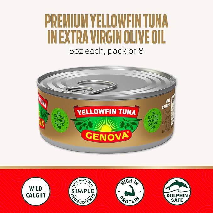 Genova Premium Yellowfin Tuna in Extra Virgin Olive Oil with Sea Salt, 5 Ounce Cans (Pack of 24), Wild Caught, Solid Light