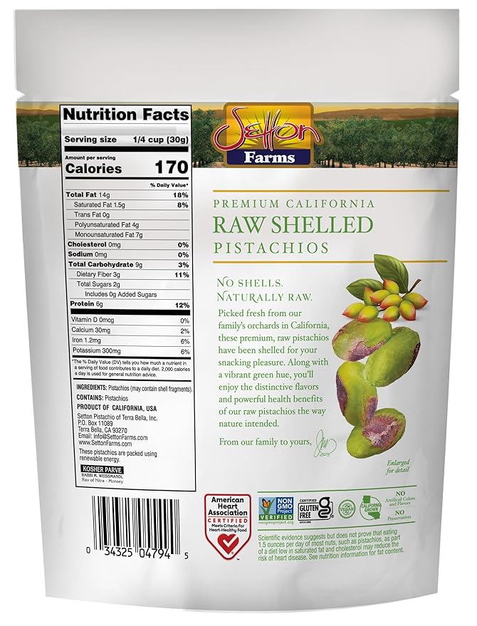 Setton Farms Naturally Raw Shelled Pistachios 20 oz Value Bag, No Shell Pistachios, Non-GMO Project Verified, Certified Gluten Free, Vegan and Kosher, Heart Healthy Snack, 20 Oz (Also perfect for making Dubai Chocolate)
