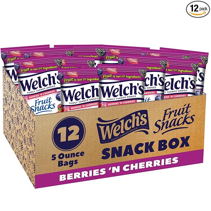Welch's Fruit Snacks, Berries 'N Cherries Snack Box, Gluten Free, 5oz Snack Packs (Pack of 12)