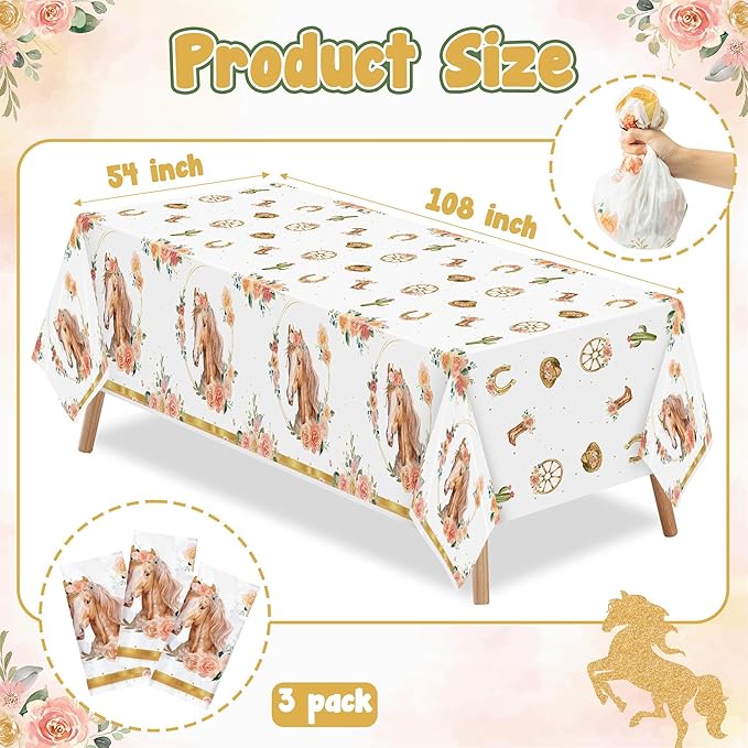 3Pcs Horse Tablecloths Gold Cowgirl Horse Birthday Table Covers, Western Girl Themed Party Decorations Plastic Disposable Rectangular Table Cloth Decor for Kids Birthday Baby Shower