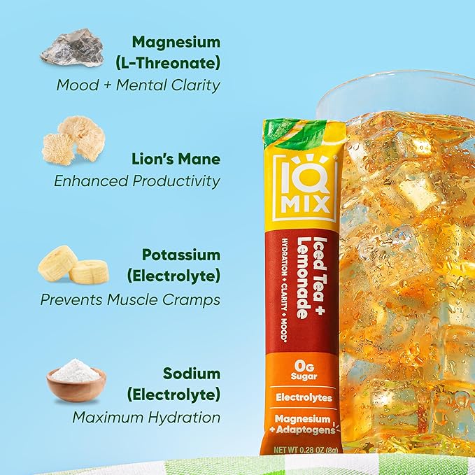 IQMIX Hydration Electrolyte Powder ??4-in-1 Formula for Hydration, Mental Clarity, Mood and Recovery ??Sugar-Free Drink Mix, Keto, Magnesium L-Threonate, Lion?™s Mane ??20 Count New Iced Tea Lemonade