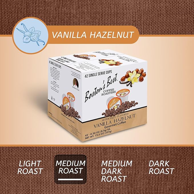Bostonโs Best - Vanilla Hazelnut Delicious Medium Roast Coffee, Flavored Gourmet Compatible with Keurig Coffee Maker, 1 Count (42 Single Serve Cups)