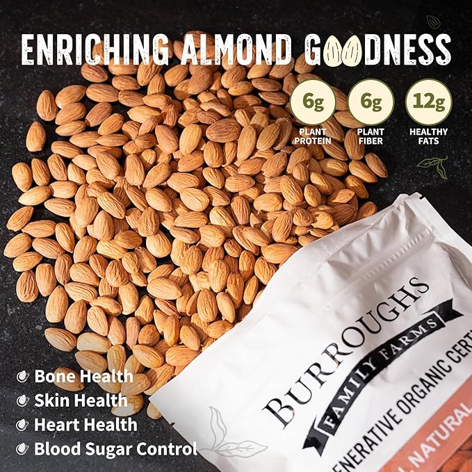 Burroughs Family Farms 3 lb USDA Organic Raw Almonds – First Regenerative Organic Certified Farm – Gluten-Free, Non-GMO, Vegan, Paleo & Keto-Friendly Almond Nuts – High in Protein & Nutrients Versus Other Nuts, Great for Almond Milk