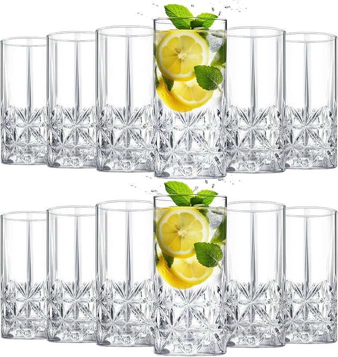 Uiifan Set of 12 Tall Highball Glasses 12 oz Crystal Drinking Glasses Clear Fancy Cups Vintage Textured Designer Glassware for Cocktail Tea Water Beer Soda Beverages, Dishwasher Safe(Stylish Style)