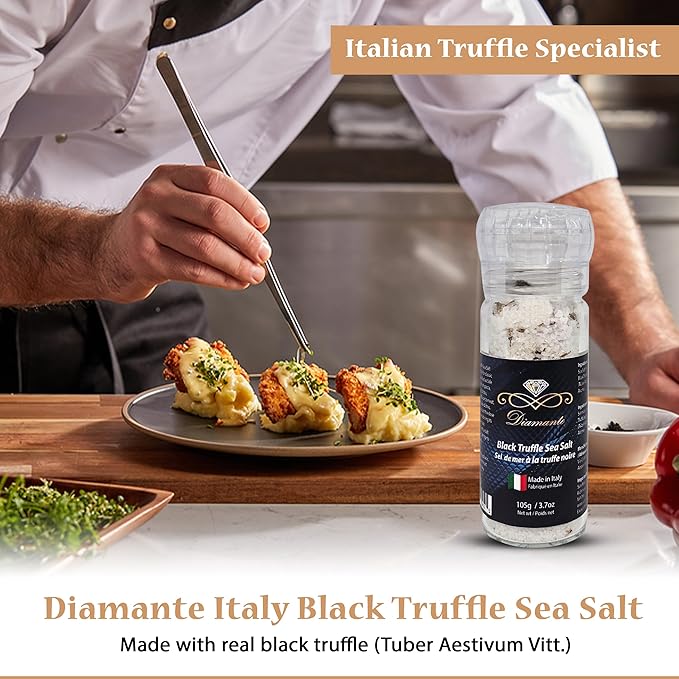 Diamante Italy Black Truffle Sea Salt with Glass Grinder - Gourmet Truffle Salt Seasoning - Specialty Seasoning - Non GMO & Made in Italy - 105g