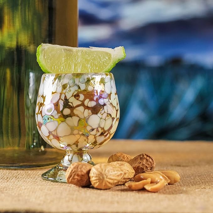 Authentic Mexican Tequila Hand Blown Shot Glasses - Set of 4-2 oz - Mini Glass Snifters - Heavy Base - Cognac (Gold)
