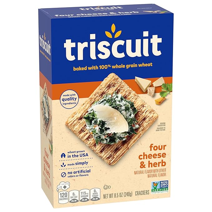 Triscuit Four Cheese & Herb Whole Grain Wheat Crackers, Lunch Snacks, Bulk Snack Crackers, 6 - 8.5 oz Boxes
