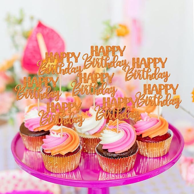 30 PCS Happy Birthday Cupcake Toppers Glitter Happy Birthday Cupcake Picks for Celebrating Birthday Anniversary Theme Party Cake Decorations Supplies Orange
