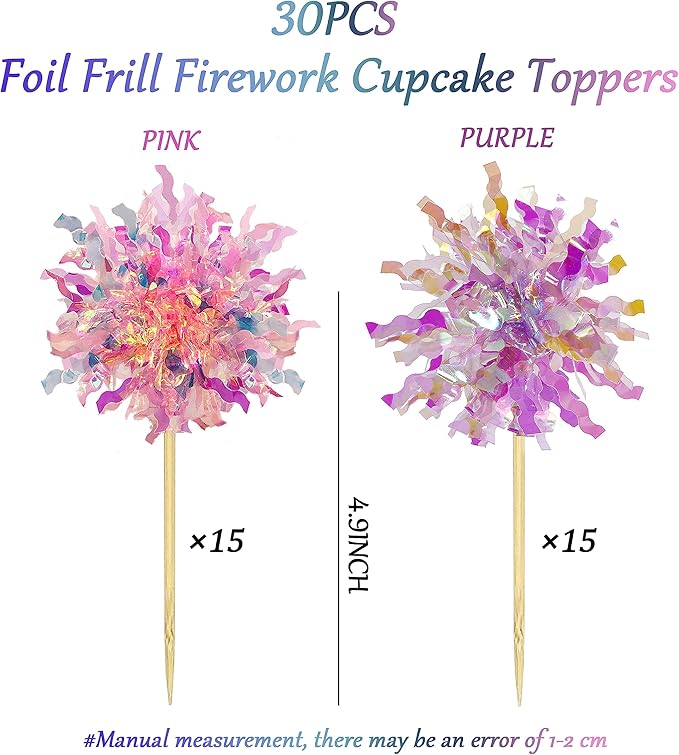 30PCS Foil Firework Cupcake Toppers, Happy Birthday Orange Cake Toppers, Sparkle Tinsel Flower Drink Stirrers Cocktail Food Fruit Toothpicks for Cake Decoration Party Supplies