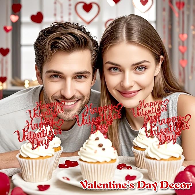 24pcs Happy Valentine's Day Cupcake Toppers with Red Heart Glitter Sweet Love Valentines Cupcake Picks for Engagement Anniversary Valentine's Day Theme Birthday Party Cake Decorations