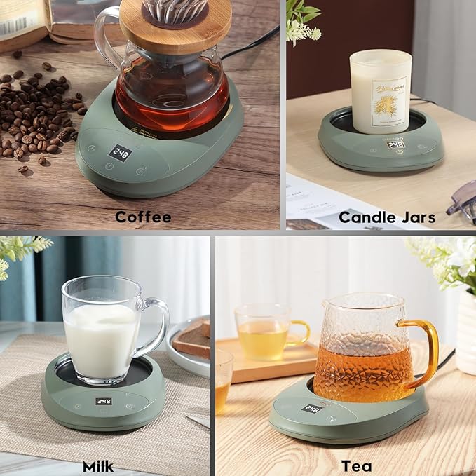 Mug Warmer for Coffee and Tea, Auto Shut Off,4.3 Inch Large Heated Plate,8 Temperature Settings, 1-8 Hour Timer Settings, Smart Coffee Warmer Plate Milk Tea Water(Green)
