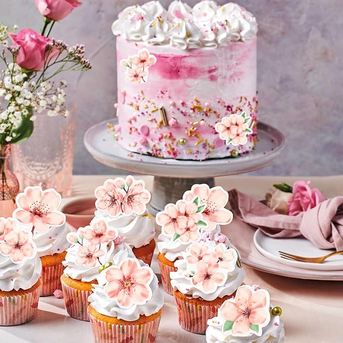 40 PCS Edible Cherry Blossoms Cupcake Toppers Wafer Paper Cherry Blossoms Flowers Cake Decorations for Baby Shower Kids Birthday Party Decorations Supplies