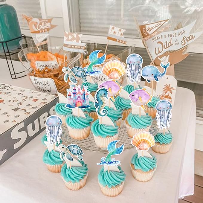 32 Pack Mermaid Cupcake Toppers Under The Sea Octopus Starfish Mermaid Tail Cupcake Picks Jellyfish Seahorse Coral Cupcake Decorations for Baby Shower Under The Sea Party Birthday Cake Decorations