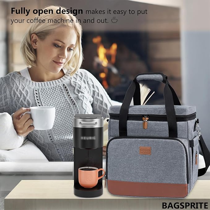BAGSPRITE Coffee Maker Travel Bag Compatible with Keurig K-Mini or K-Mini Plus, Single Serve Coffee Brewer Carrying Case with Multiple Pockets for K-Cup Pods, Storage Bag With Shoulder Strap Grey