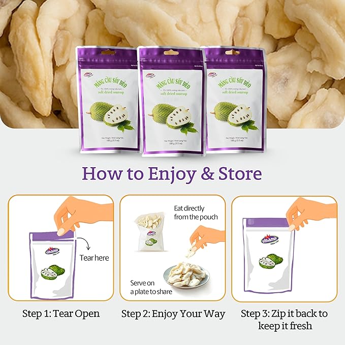 Vinamit Soft Dried Soursop | Soursop Fruit 3.5 oz bag | Natural Tropical Fruit Snack | Vegan, Gluten-Free, Non-GMO | High in Fiber, Ideal for Travel & Clean Eating
