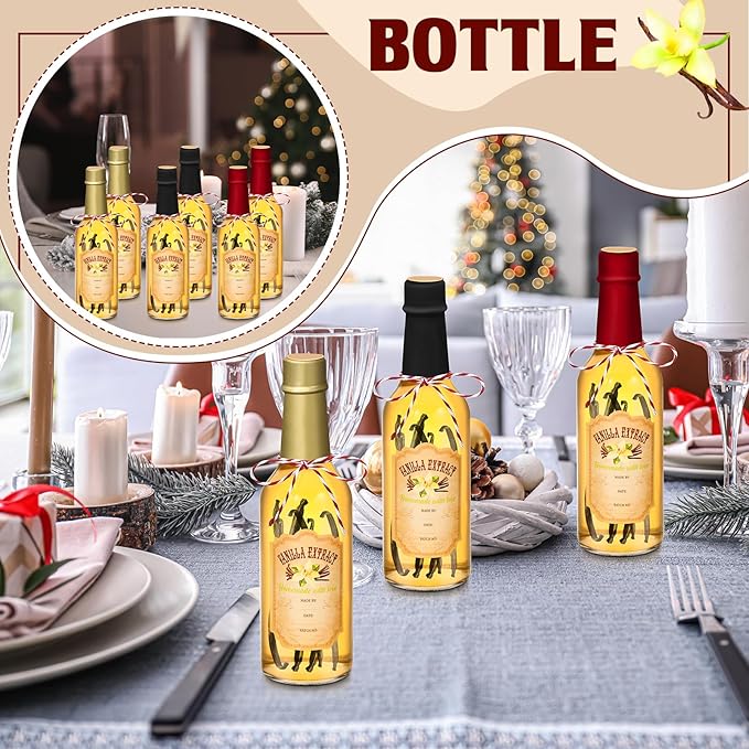 Tioncy 16 Pcs Vanilla Extract Bottles for Homemade Vanilla Jar Glass Bottle with Cap, Shrink Band, Sticker Syrup Gift Food Storage Canister for Bean Sauce Spice(Black, Red, Gold,8.5 oz)