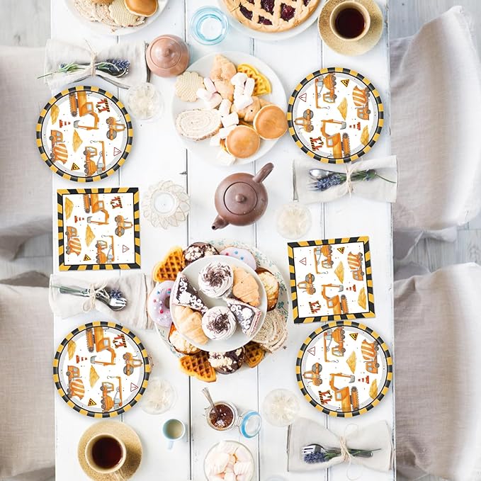 40Pcs Construction Plates and Napkins Set Construction Birthday Decorations Disposable Tableware Paper Plates and Napkins, for Toddler Kids Boys Dump Digger Tractor Excavator Birthday Decor, Serves 20