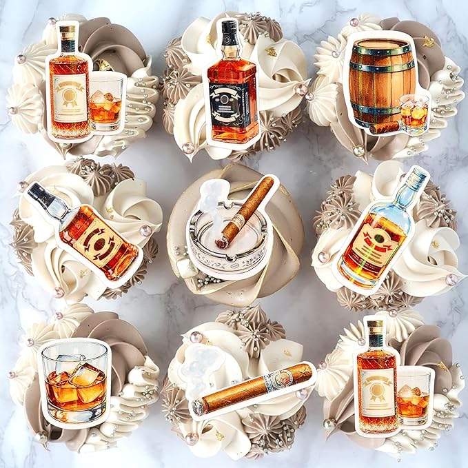 40pcs Edible Whiskey Cupcake Toppers Whiskey Man Happy Birthday Decorations Oktoberfest Festival Theme Decorations Supplies