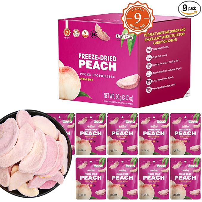 ONETANG Freeze-Dried Fruit Peach Chips, 9 Pack Single-Serve Pack, Non GMO, Kosher, No Add Sugar, Gluten free, Vegan, Holiday Mothers Day Gifts, Healthy Snack 0.35 Ounce