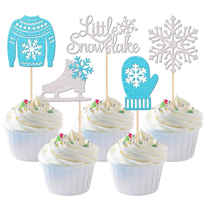 30 PCS Snowflake Cupcake Toppers Glitter Skate Shoe Gloves Sweater Cupcake Picks for Snowflake Theme Winter Wonderland Baby Shower Birthday Merry Christmas Party Cake Decorations Supplies