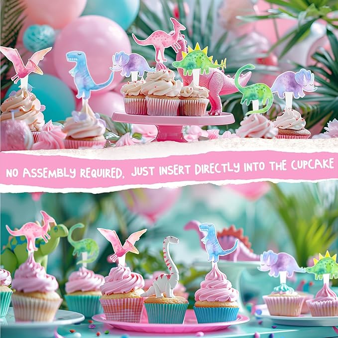 36 Pcs Pink Dinosaur Cupcake Toppers - Pink Dinosaur Party Decorations and Girl Dinosaur Party Cupcake Toppers