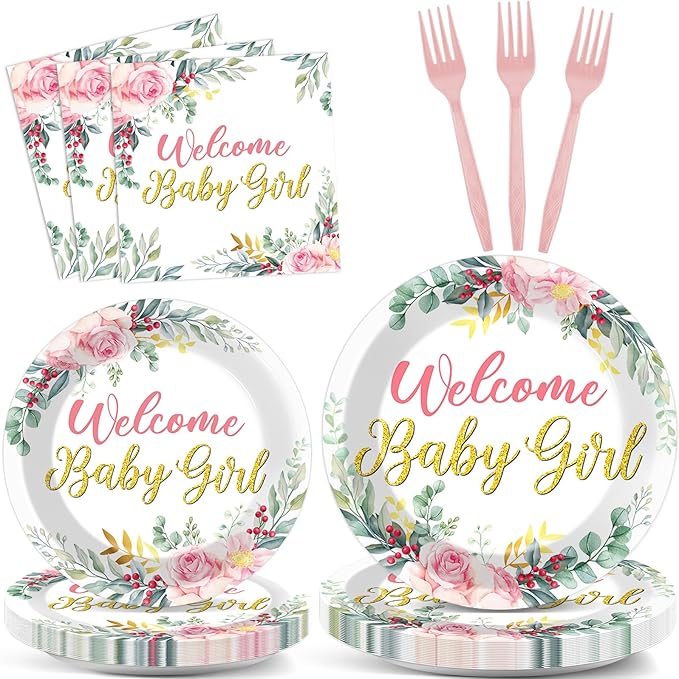 96Pcs Welcome Baby Girl Plates and Napkins Baby Shower Party Decorations Sage Green Pink Dessert Disposable Plates Pink Green Floral Tableware Set for 24 Guests Baby Girls Birthday Party Supplies