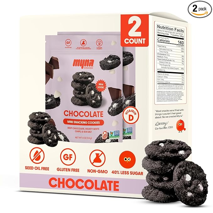 Myna Snacks Midnight Mini Snacking Cookies - Seed Oil Free Snacks - Gluten and Dairy Free Snack - Chocolate Cookies w/White Chips - Healthy Dessert - Sweet Cookie Bites, 8oz (Pack of Two, 4oz Bags)