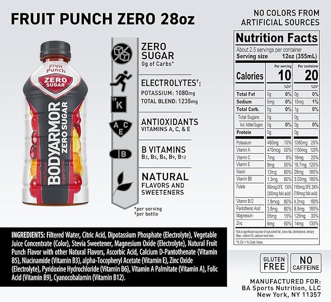 BODYARMOR ZERO Sugar Fruit Punch, Sugar Free Sports Drink - Low-Calorie Hydration - Natural Flavors with Potassium Packed Electrolytes, Antioxidants, and B-vitamins, 28 fl oz (Pack of 12)