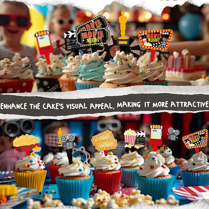 40 Pcs Movie Night Cupcake Toppers - Perfect Party Decorations for Birthdays, Hollywood Baby Showers, and Themed Cakes