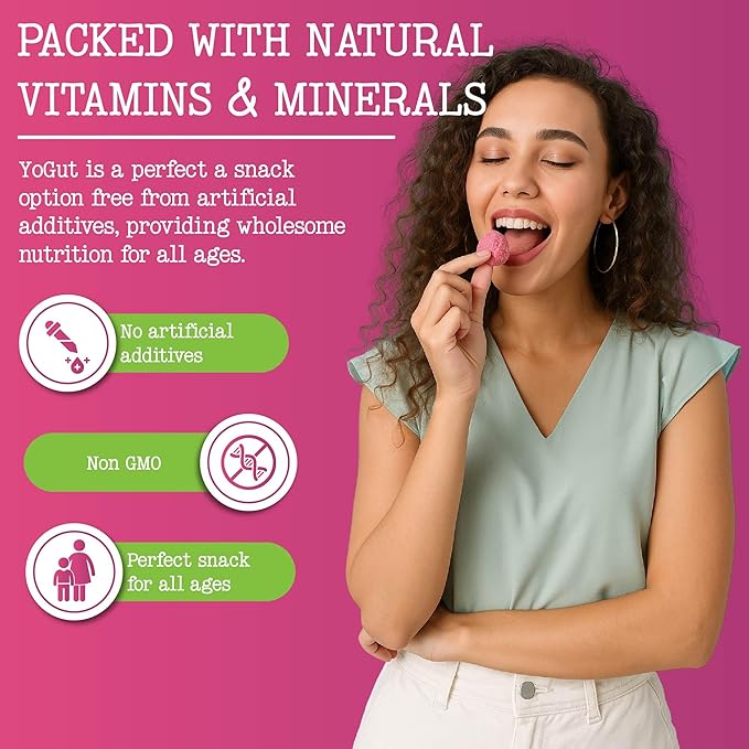 YoGut Freeze Dried Yogurt Snack, Blueberry, 6 Pack, Healthy Snacks for Kids, Toddlers & Adults, Gluten Free, Non GMO, With 5 Billion Live Probiotics, Vitamins & Minerals, Individual Snack Packs
