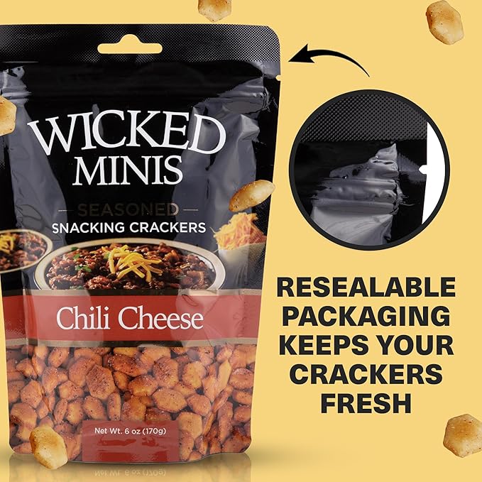 Wicked Minis Soup & Oyster Crackers - Saltine & Salted Flavored Mini Puffed Soup, Savory Snacking Mix, Seasoned Croutons Salad Toppers, Crackers for Chili 6oz (Chili Cheese, 1 Pack)