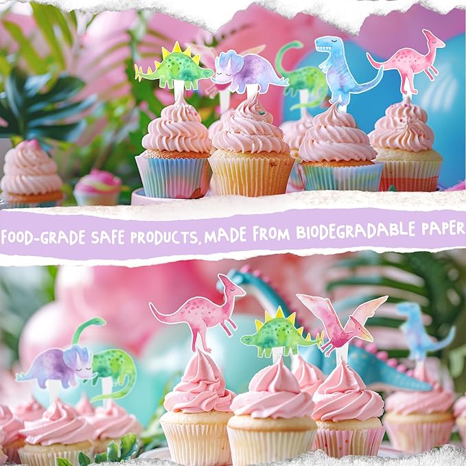 36 Pcs Pink Dinosaur Cupcake Toppers - Pink Dinosaur Party Decorations and Girl Dinosaur Party Cupcake Toppers