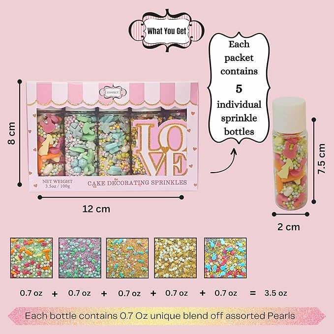 Confect Easter Sprinkles Edible | Assorted pack of 5 Parrot Green, Yellow, Pink, White and Silver Pearls & Stars I Cookies, Desserts & cupcake Decorating | Edible Sprinkles Mix for Baking & Cake