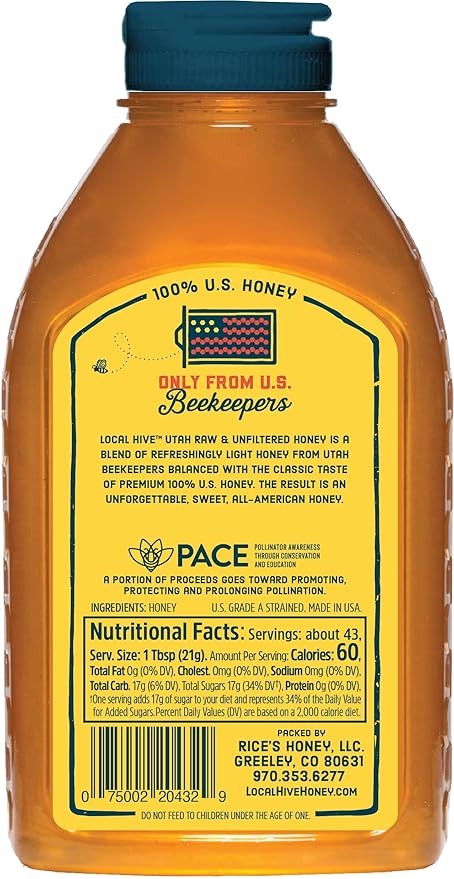 Local Hive Utah Raw Unfiltered Honey – 32oz, 100% Pure US Honey, Sourced from American Bees and Beekeepers - Natural Sweetener, Ideal for Tea, Baking, and Cooking
