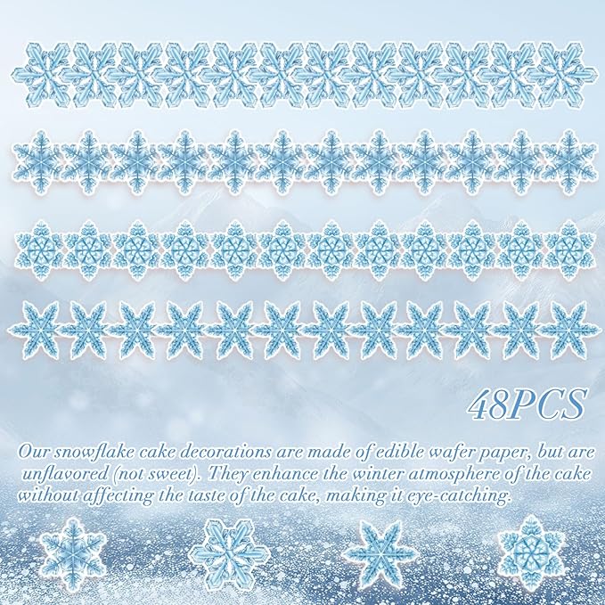 48Pcs Edible Cake Cupcake Toppers Snowflakes - Wafer Paper Edible Cake Decorations & Snowflake Cupcake Toppers for Christmas, Winter Birthday Party Decor Supplies (Light Blue & White)
