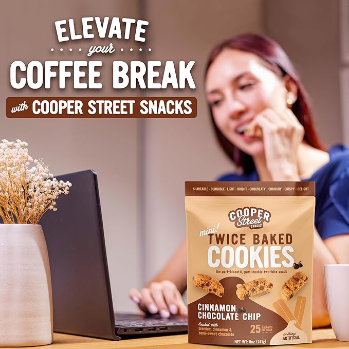 COOPER STREET Twice Baked Cinnamon Chocolate Biscotti Cookies - Crispy Mini Biscotti Cookies Ideal with Coffee - Traditional Low Calorie Italian Snacks - Kosher, Dairy, Peanut & Soy Free (6 Pack)