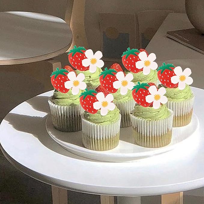 60 Pack Edible Sweet Strawberry Flower Cupcake Toppers First Birthday Strawberry Flower Rice Paper Wafer Paper Cake Picks for Fruit 1st Berry Sweet Kids Birthday Cake Decorations