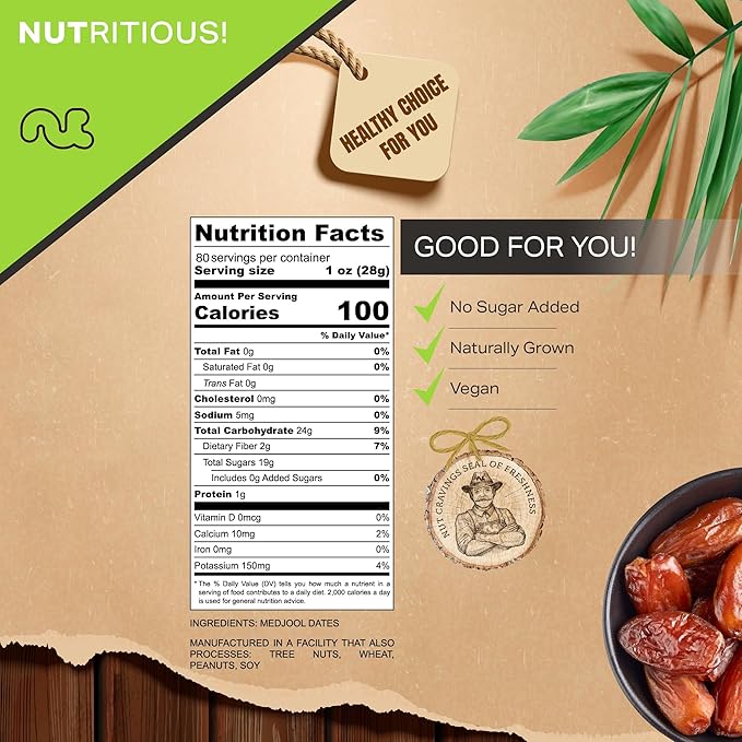 NUT CRAVINGS - Sun Dried Jumbo Medjool Dates, No Sugar Added, Unsulphured (80oz, 5 LB) Bulk Dry Fruits Packed Fresh in Resealable Bag - Sweet Healthy Snack, Naturally Grown, Vegan, Kosher