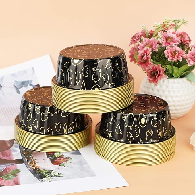Beasea 8oz Disposable Cupcake Cups with Lids, 50 Pack Ramekins Foil Cupcake Cups Black Gold Aluminum Foil Cups Creme Brulee Muffin Cupcake Baking Cup Mini Pudding Cake Tins for Party Wedding Birthday