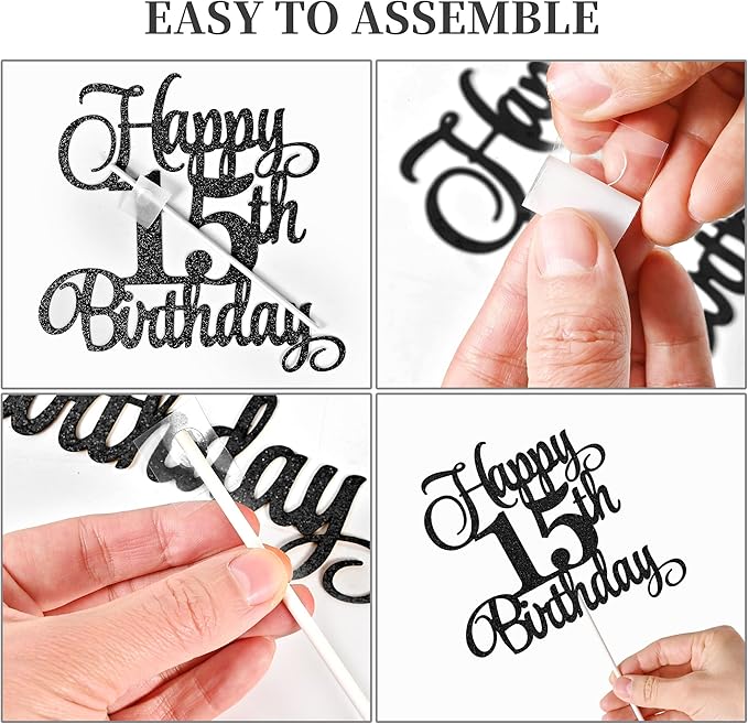 15th Birthday Cake Decorations, 15th Birthday Candles Cake Numeral Candles and Glitter Happy 15th Birthday Cake Toppers Set for Birthday Party Supplies (Black)