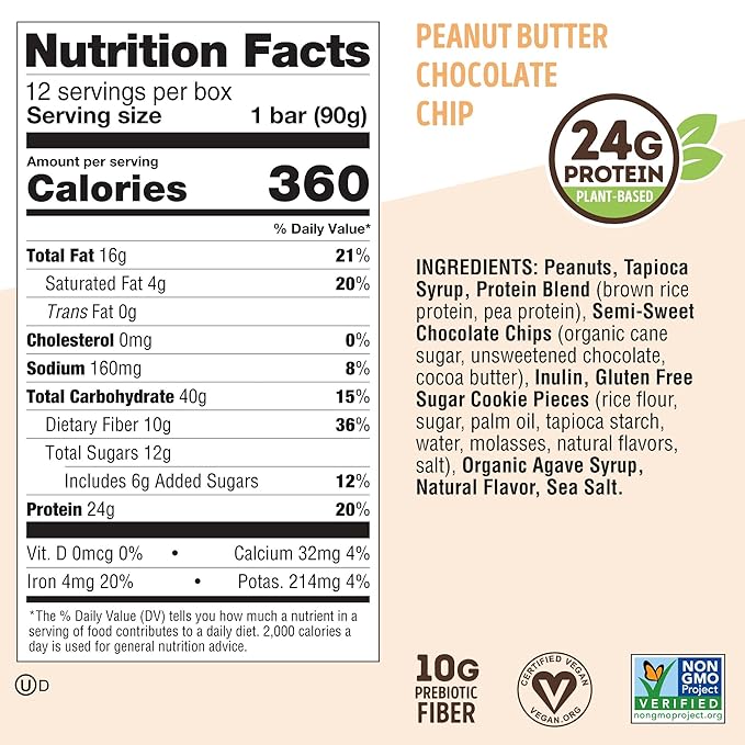 Lenny & Larry's Cookie-fied BIG BAR ??Peanut Butter Chocolate Chip Vegan Protein Bars 12x90g ??Healthy Snacks, 24g Plant Protein & 10g Prebiotic Fiber ??Gluten free Power Bar, Keto Friendly & Vegan