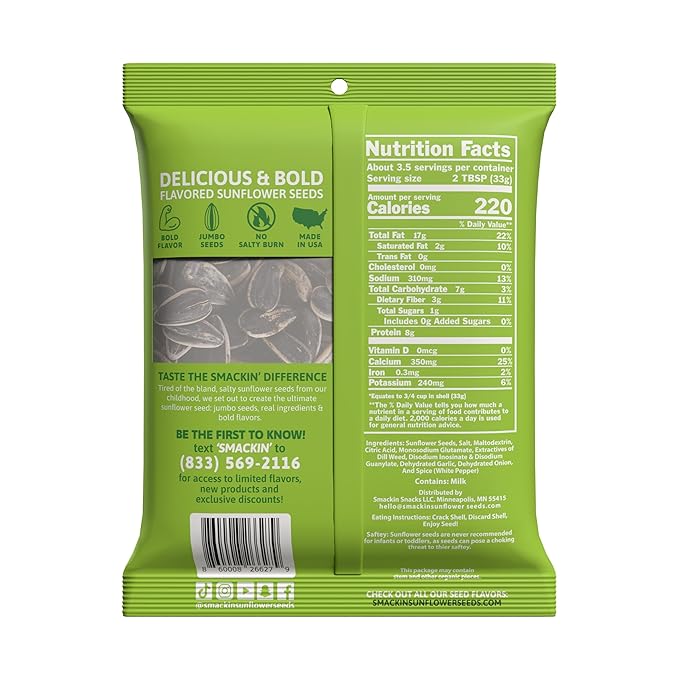 SMACKIN' - Jumbo Roasted Sunflower Seeds, No Salty Burn, American Made, Easy Pour & Seal - Dill Pickle, 4oz bag (12 Bags)