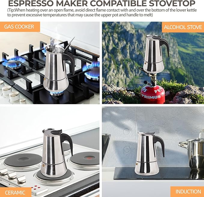 6 Cup 300ml Moka Pot Stainless Steel Espresso Coffee Maker Stovetop Percolator Coffeemaker Italian Classic Style Brewing Greca Cafe Mocha Machine for Cafeteras Lover Camping Travel and Home Use 10oz