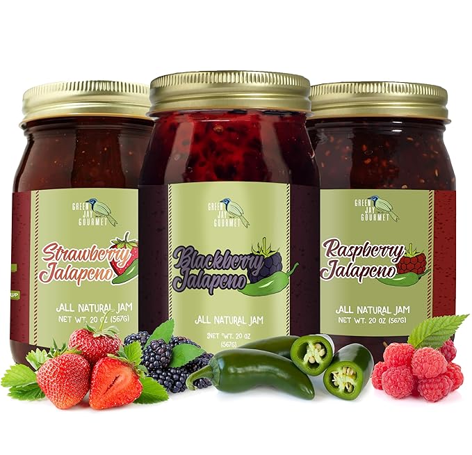 Green Jay Gourmet Spicy Jam Variety Pack - All-Natural Raspberry Jalapeno Jam, Strawberry Jalapeno Jam, Blackberry Jalapeno Jam - Vegan, Gluten-free Jam - No Preservatives - USA Made - 3 x 20 Ounces