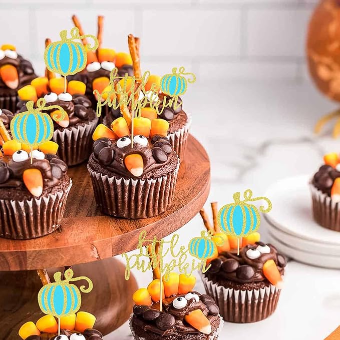 24Pcs Little Pumpkin Cupcake Toppers Fall Pumpkin Cupcake Picks for Thanksgiving Halloween Baby Shower Kids Birthday Party Cake Decorations Supplies - Bule Glitter