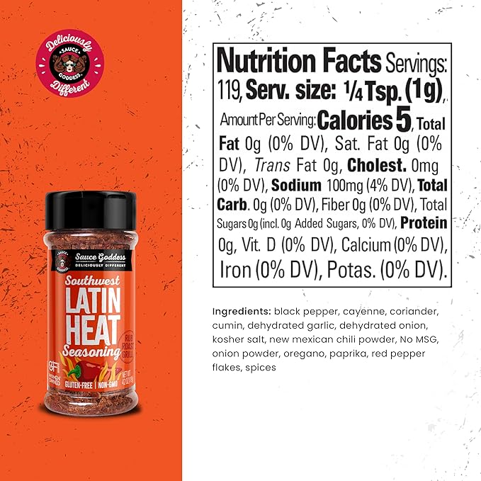 Sauce Goddess - Southwest Latin Heat Shaker - Mexican Rub, Taco seasoning with Cumin, Oregano, Cayenne & Red Chiles, No Sugar, Low Sodium, Gluten-Free - 4.2 oz