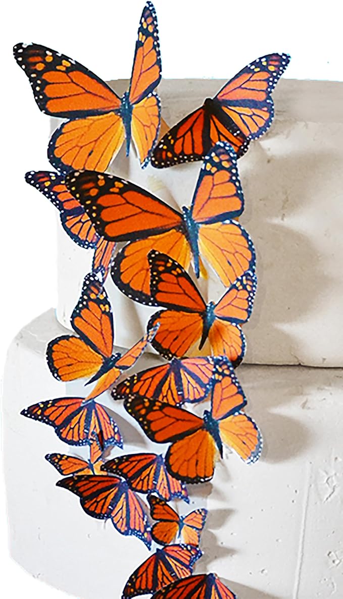 NEW - Edible Butterflies Assorted Set of 15 - Wafer Cake & Cupcake Toppers - edible butterflies for cake decorating - butterfly decorations (Orange Monarch)