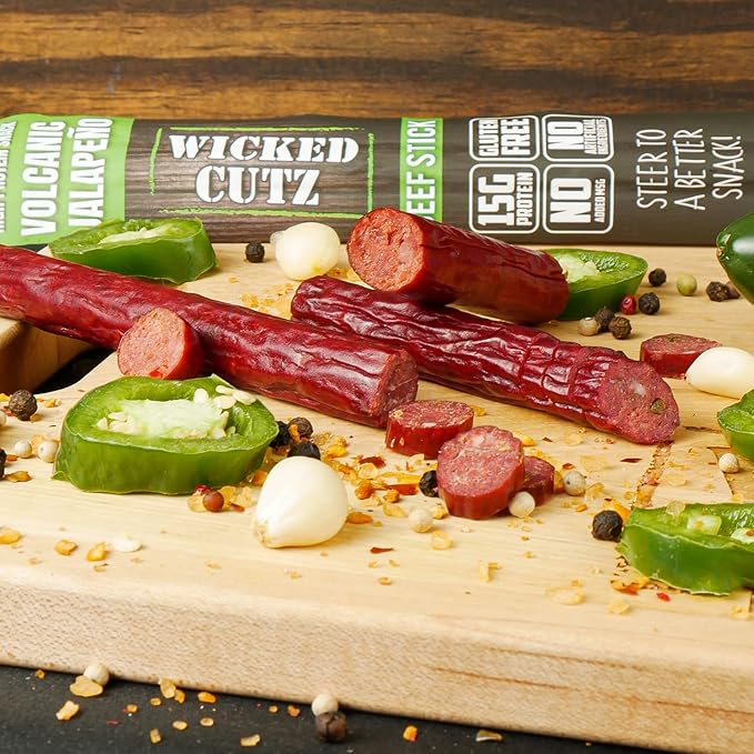 Wicked Cutz Volcanic Jalapeno Spicy Beef Sticks, Tender, Flavorful, Extra Large, Hot Beef Jerky Sticks with 15g of Protein Per Meat Stick, Gluten Free, High Protein, Healthy Snacks for Adults (12 Total)